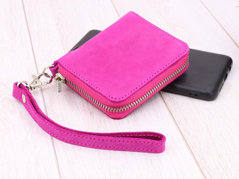 Women's Small Leather Zip Around Wallet with Wrist Strap/ Compact Mini Purse with Hand Strap/ Orange - 03008. Made in Ukraine