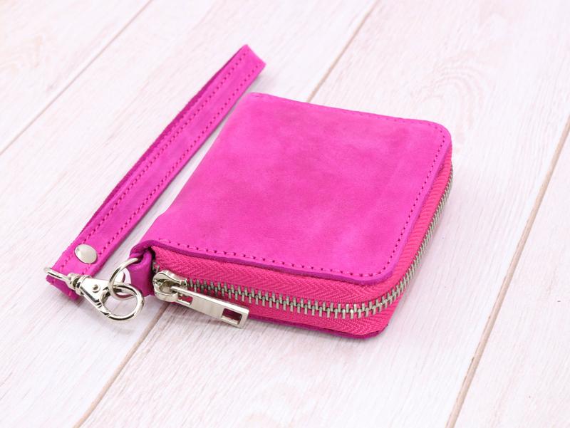Women's Small Leather Zip Around Wallet with Wrist Strap/ Compact Mini Purse with Hand Strap/ Orange - 03008. Made in Ukraine