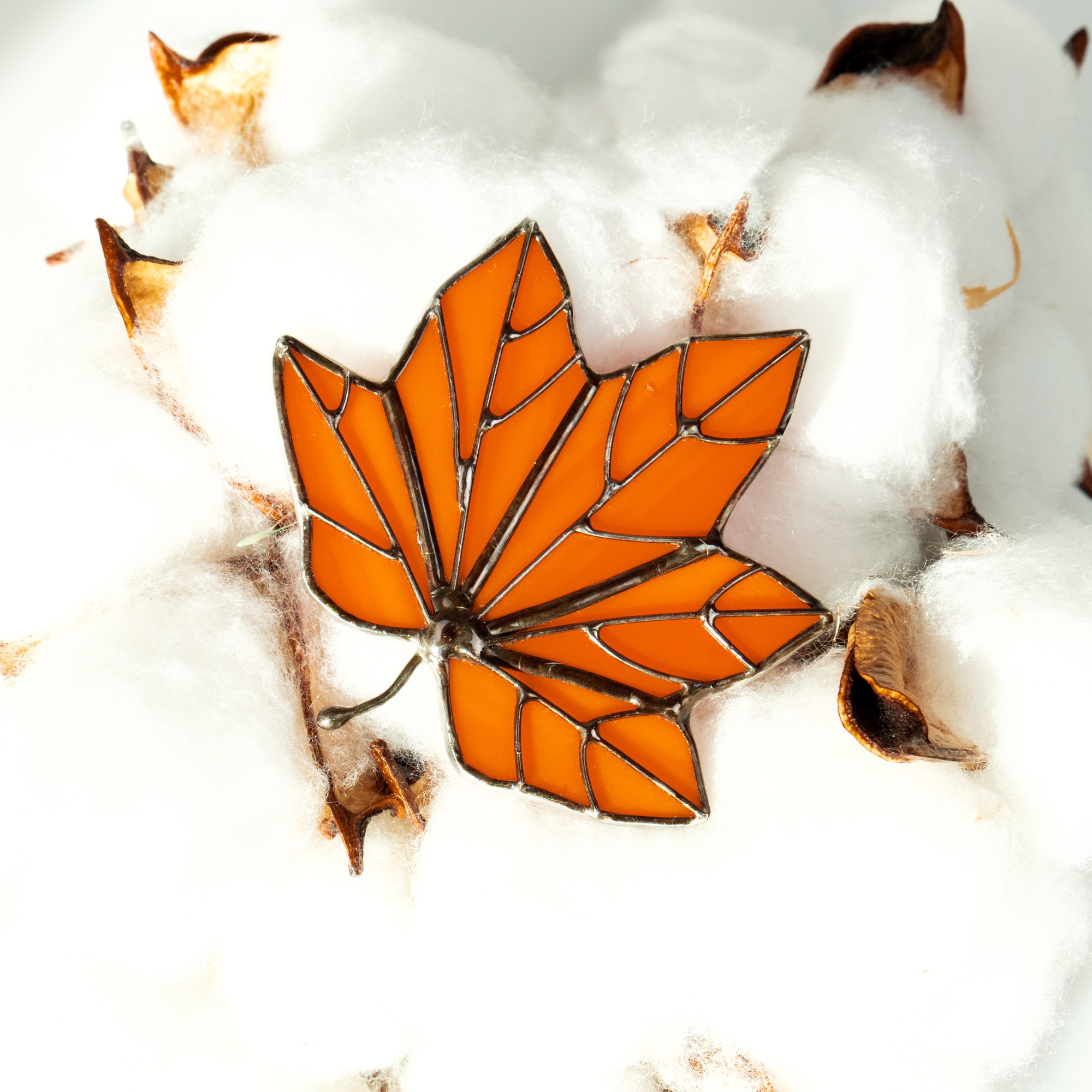 Orange maple leaf stained glass brooch