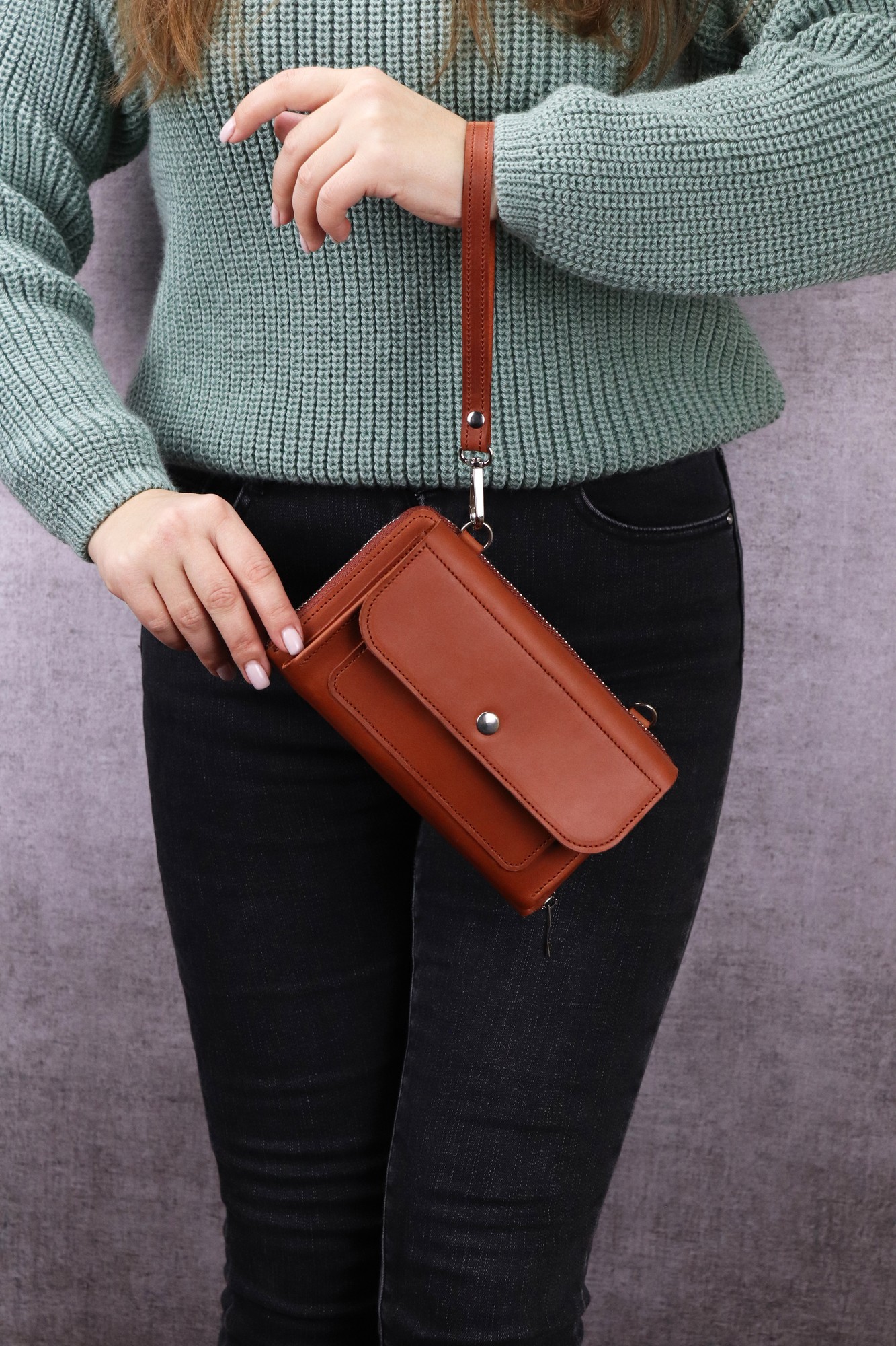 Leather crossbody bag wallet for women/ Shoulder cell phone bag/ Brown/ 1011