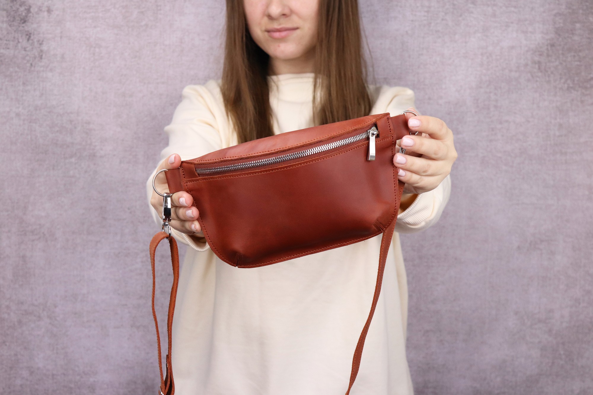 Handmade leather shoulder bag, waist bag, banana bag / Brown - 1027-S