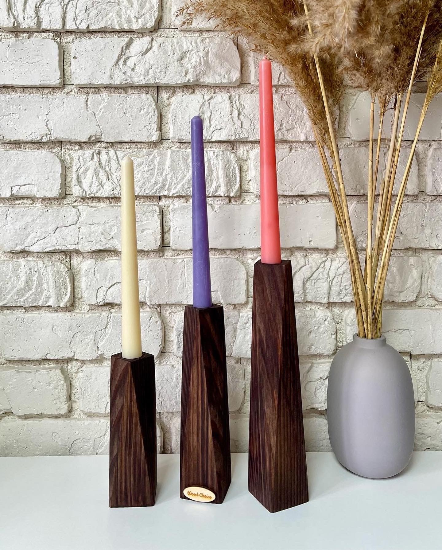 Set of candlesticks + 3 candles, wooden