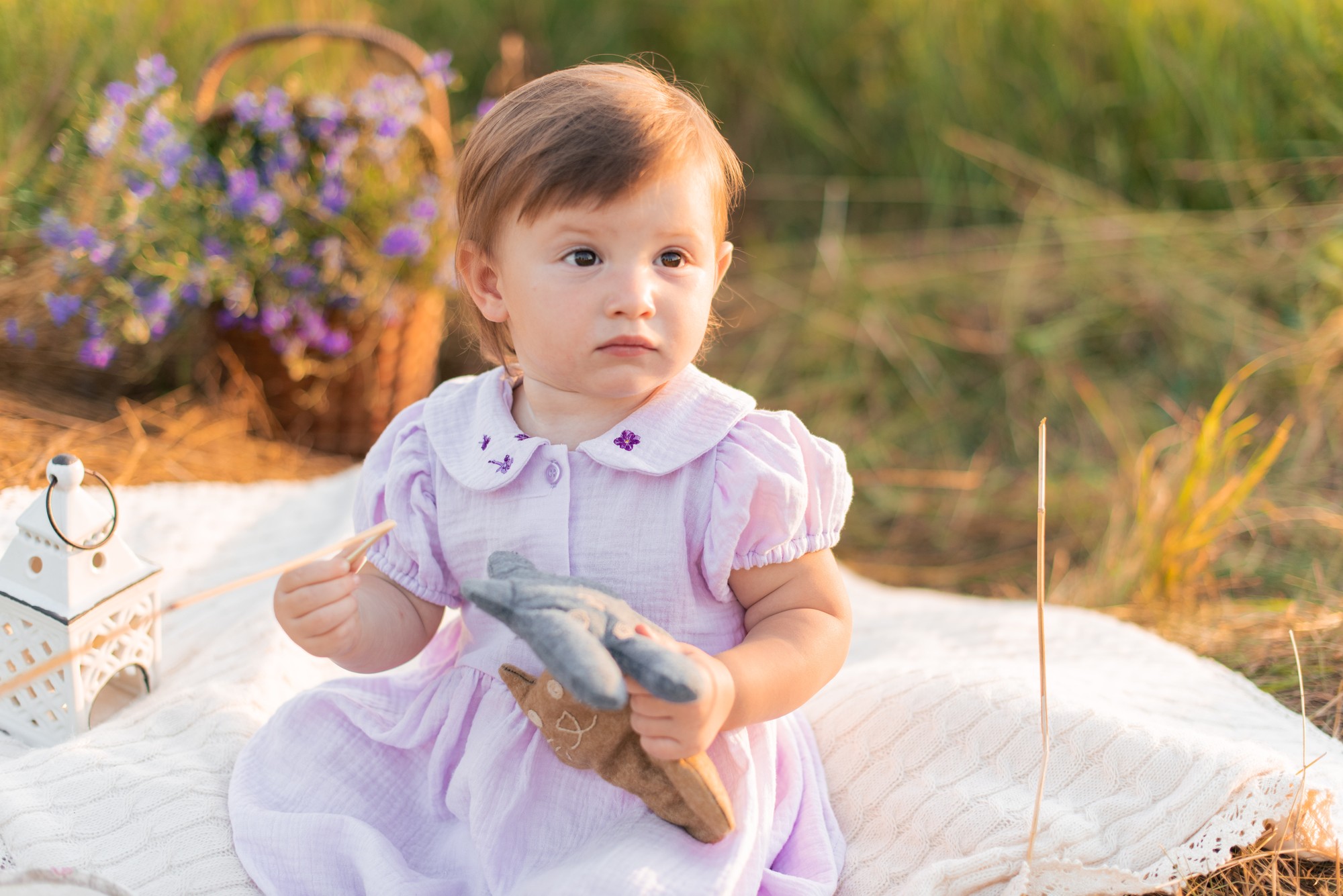 Lavender muslin dress with embroidery Be.Child