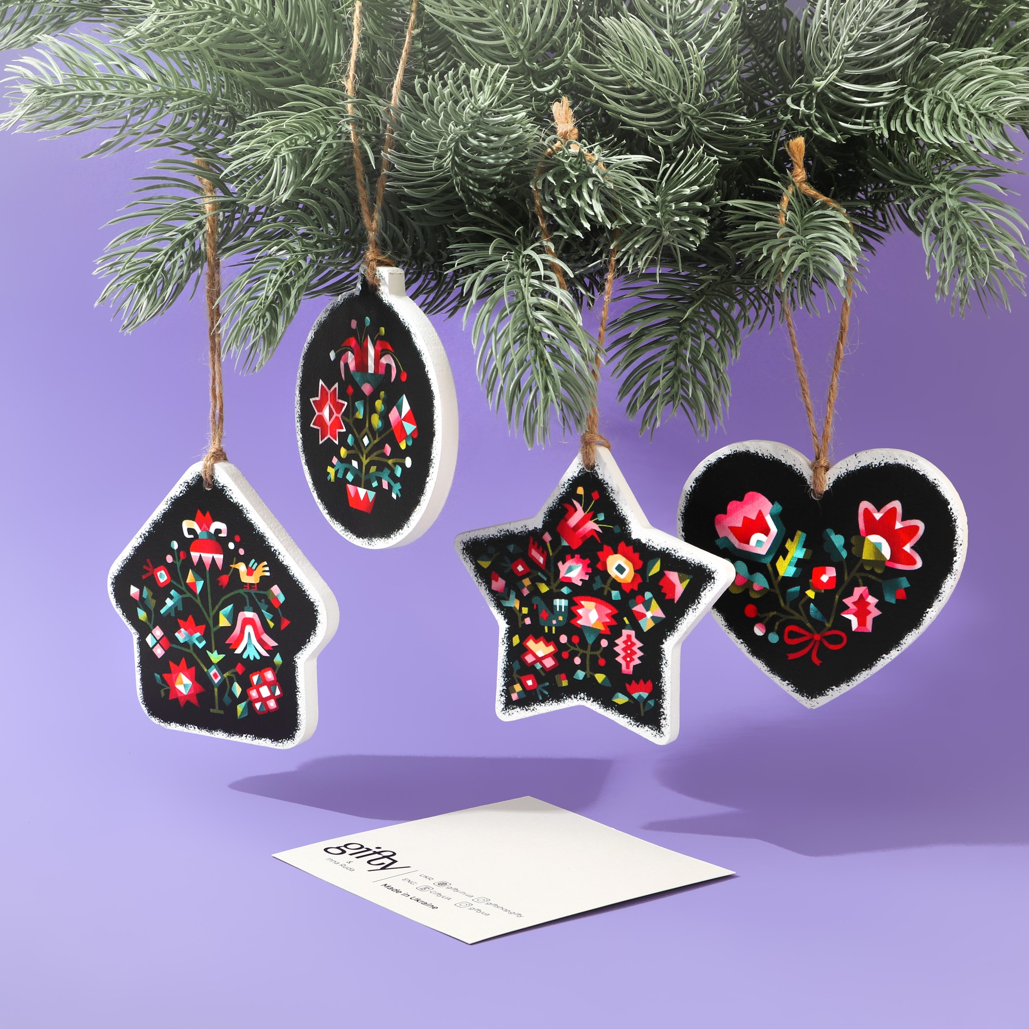Wooden Christmas Ornament Set of 6 "NEOFOLK" by Ukrainian artist Inna Ruda. Eco Decoration.