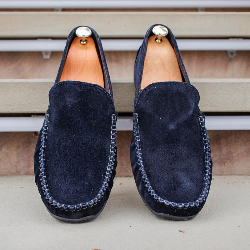 Blue men's moccasins "PS 8" made of natural suede and leather. choose stylish moccasins for eve