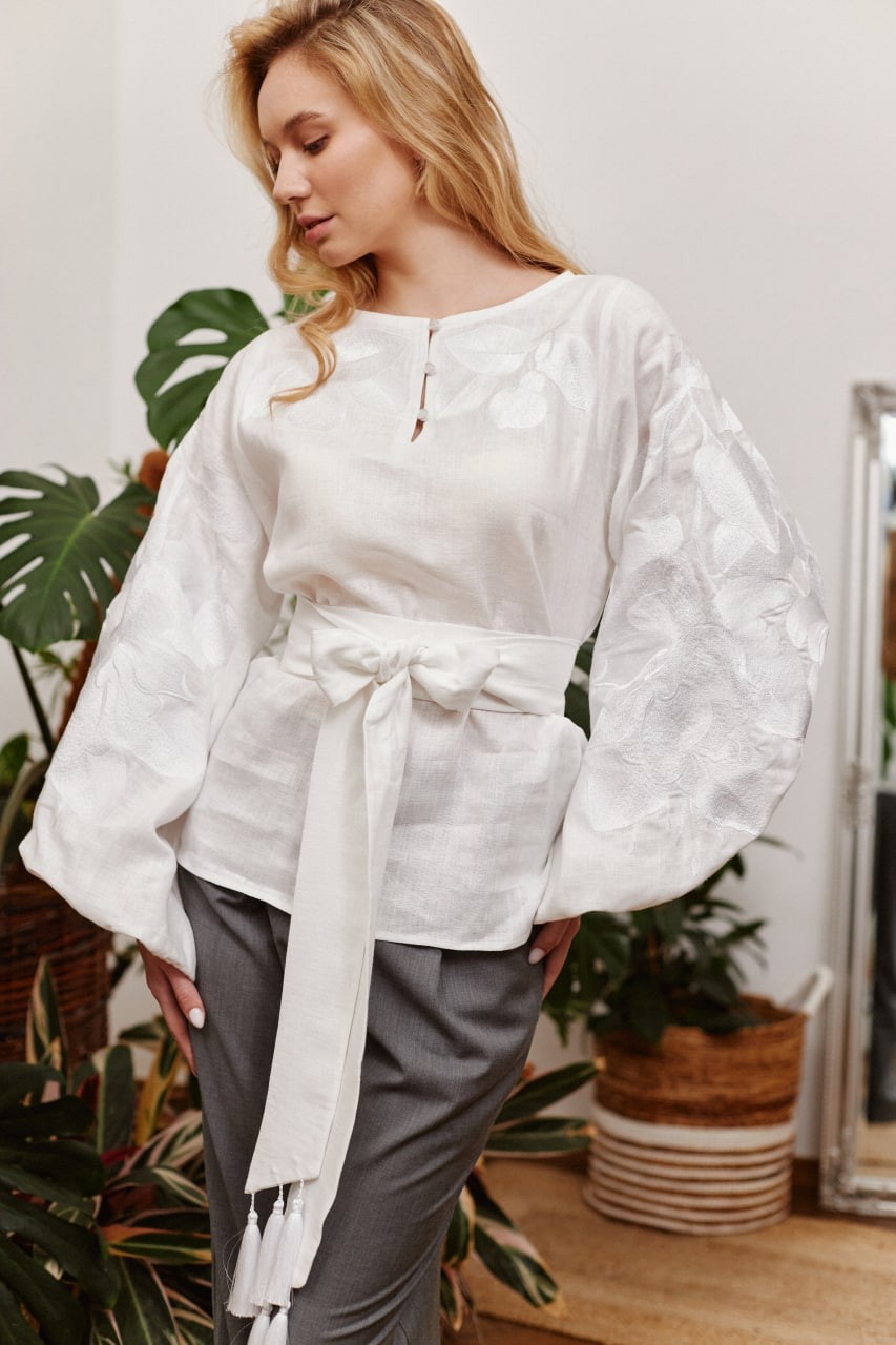 Blouse with white embroidery and belt
