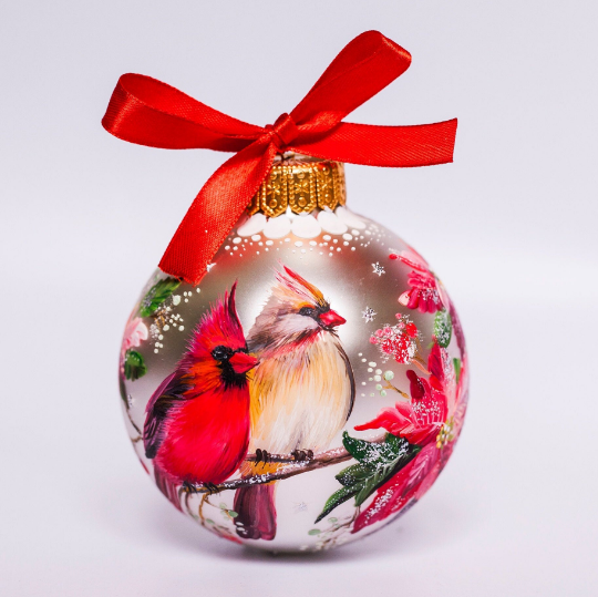 Couple of Red Cardinals Christmas Glass Ornament Hand Painted
