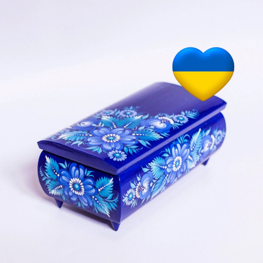 Blue Petrykivka Wooden Jewelry Box