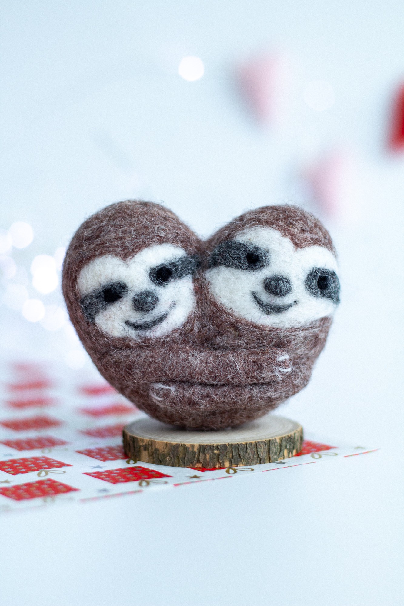 Valentine's Day gift Wool sloths on a wooden stand
