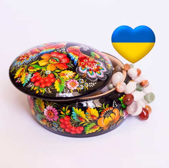 Hand Painted Petrykivka Wooden Jewelry Box with Peacock Birds