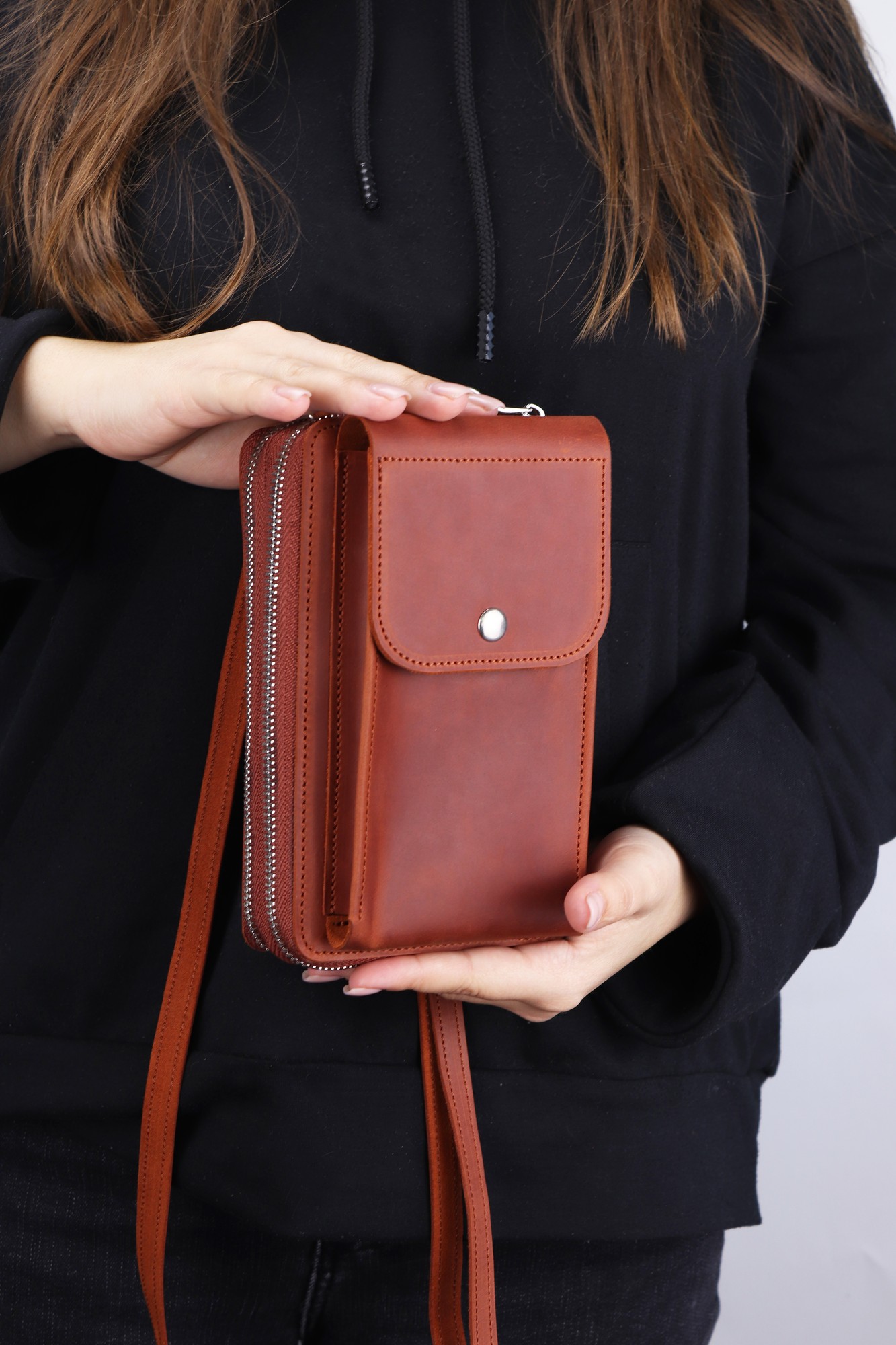 Leather Crossbody Bag Wallet for iPhone 14/ Bag with Built in Wallet on Shoulder Strap for Women/ Brown - 1010. Made in Ukraine