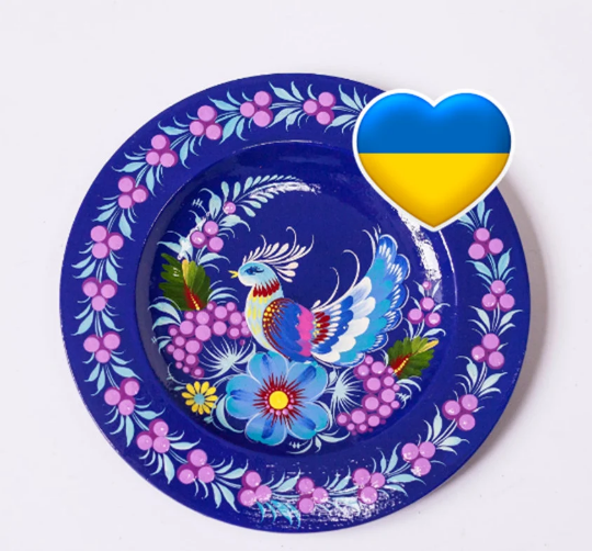 Petrykivka Blue Peacock Decorative Wooden Plate Hand Painted