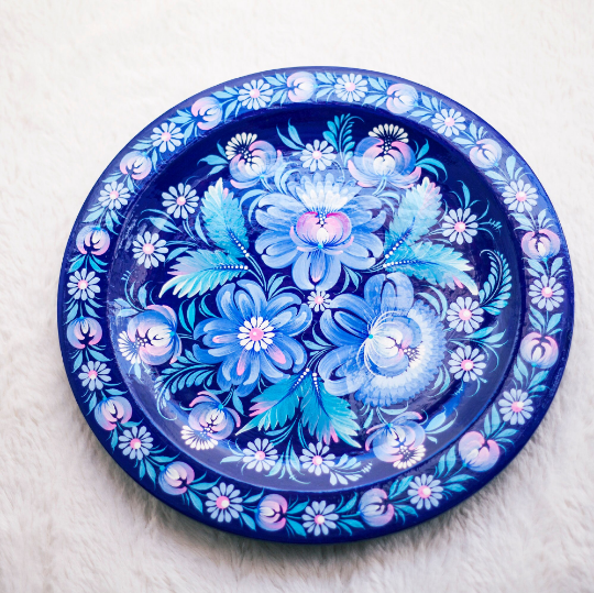 Petrykivka Blue and Pink Floral Decorative Wooden Plate Hand Painted
