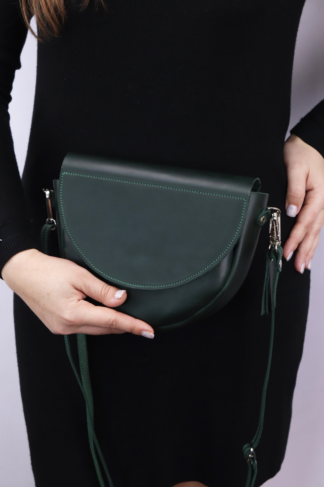 Leather semicircular bag on a shoulder strap/ Crossbody Bag for Women/ Green - 1008