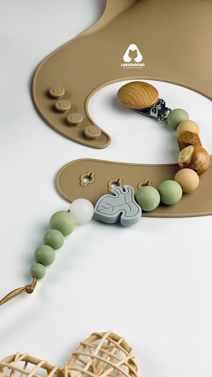 Silicone pacifier holder with wooden teether for newborn baby
