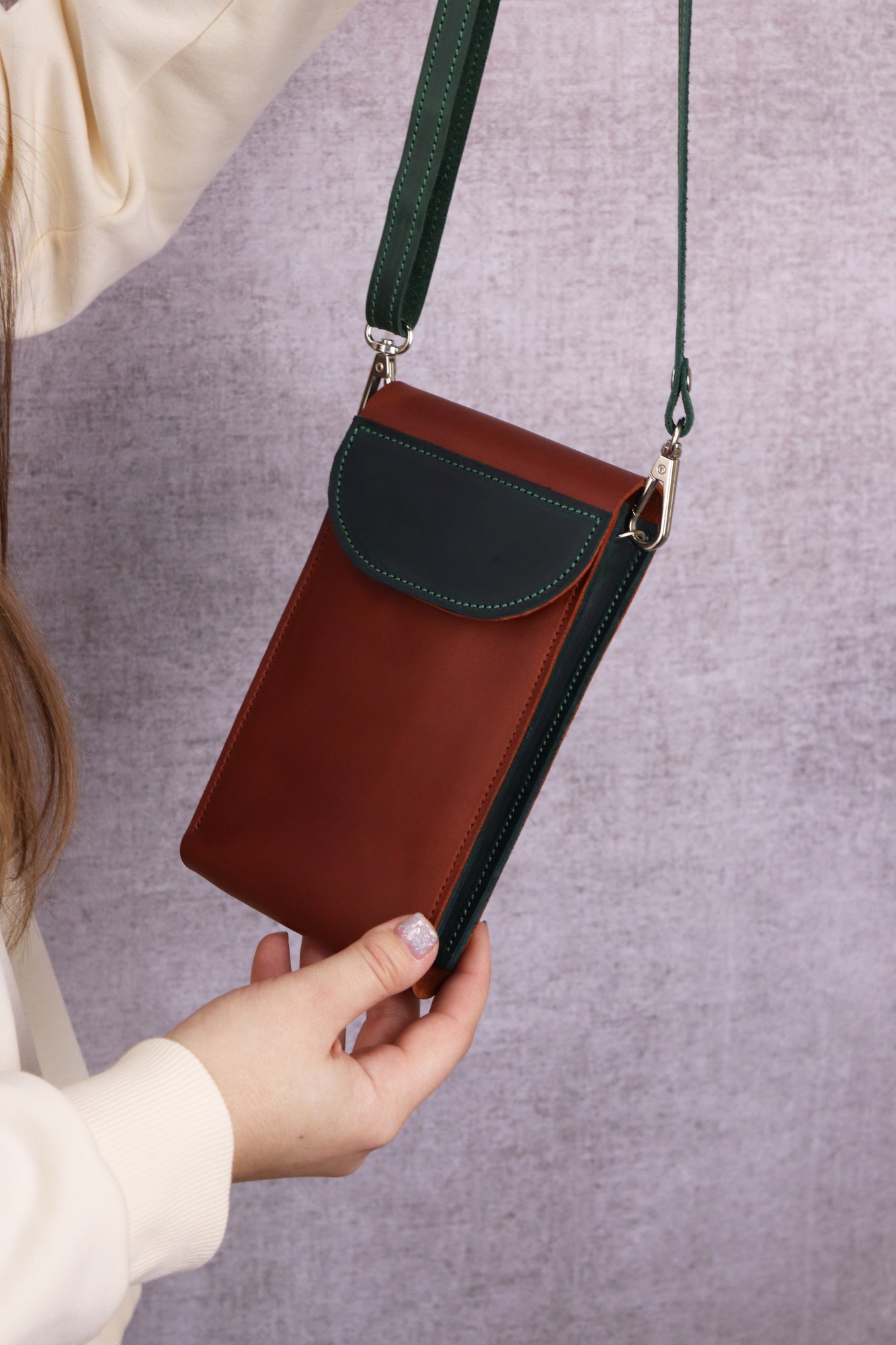 Crossbody Cell Phone Purse Mobile Phone Bag -COLL- with Adjustable Leather Strap in Green Waxed Canvas Made by HOLMgoods