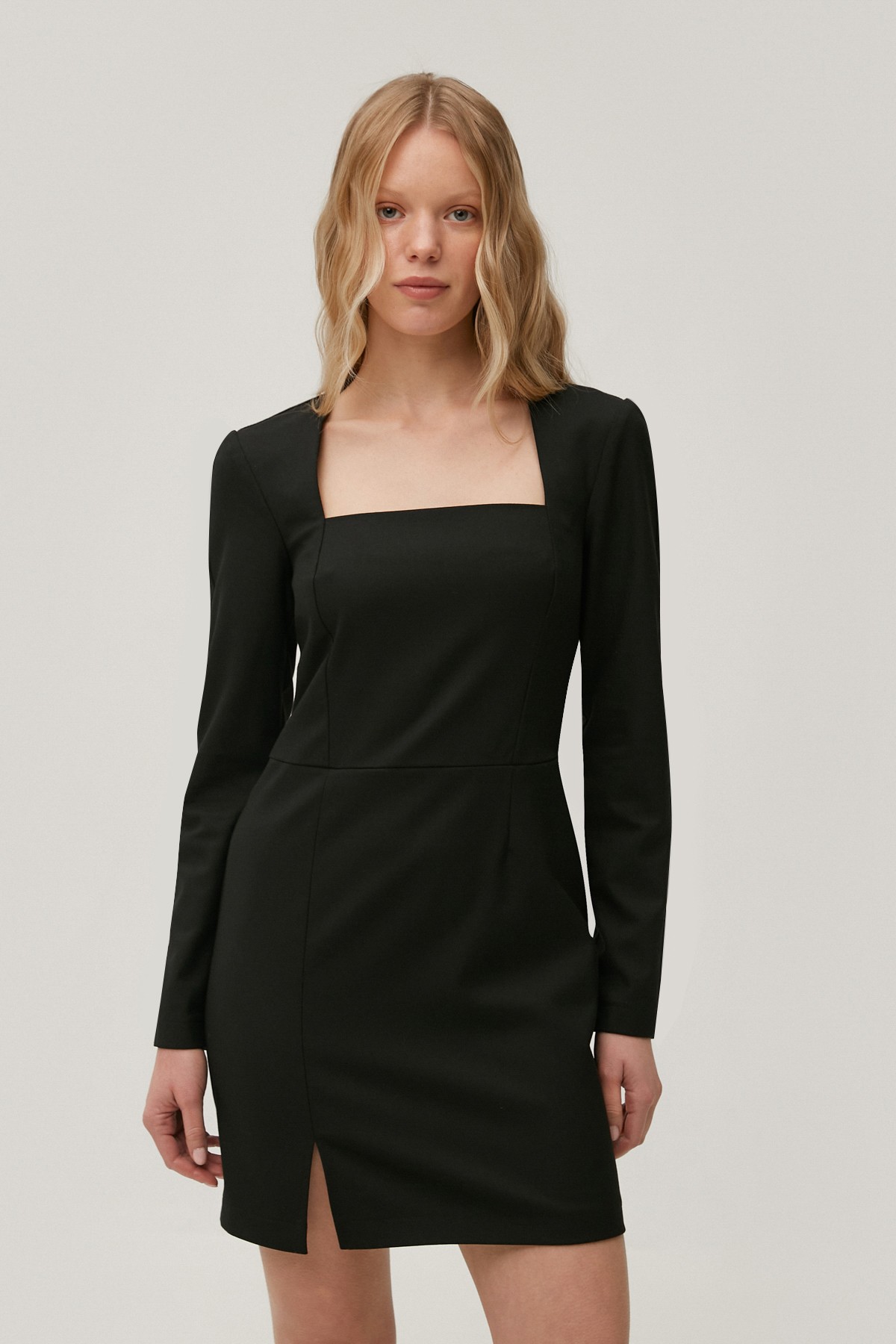 Black mini dress made of suiting fabric with wool