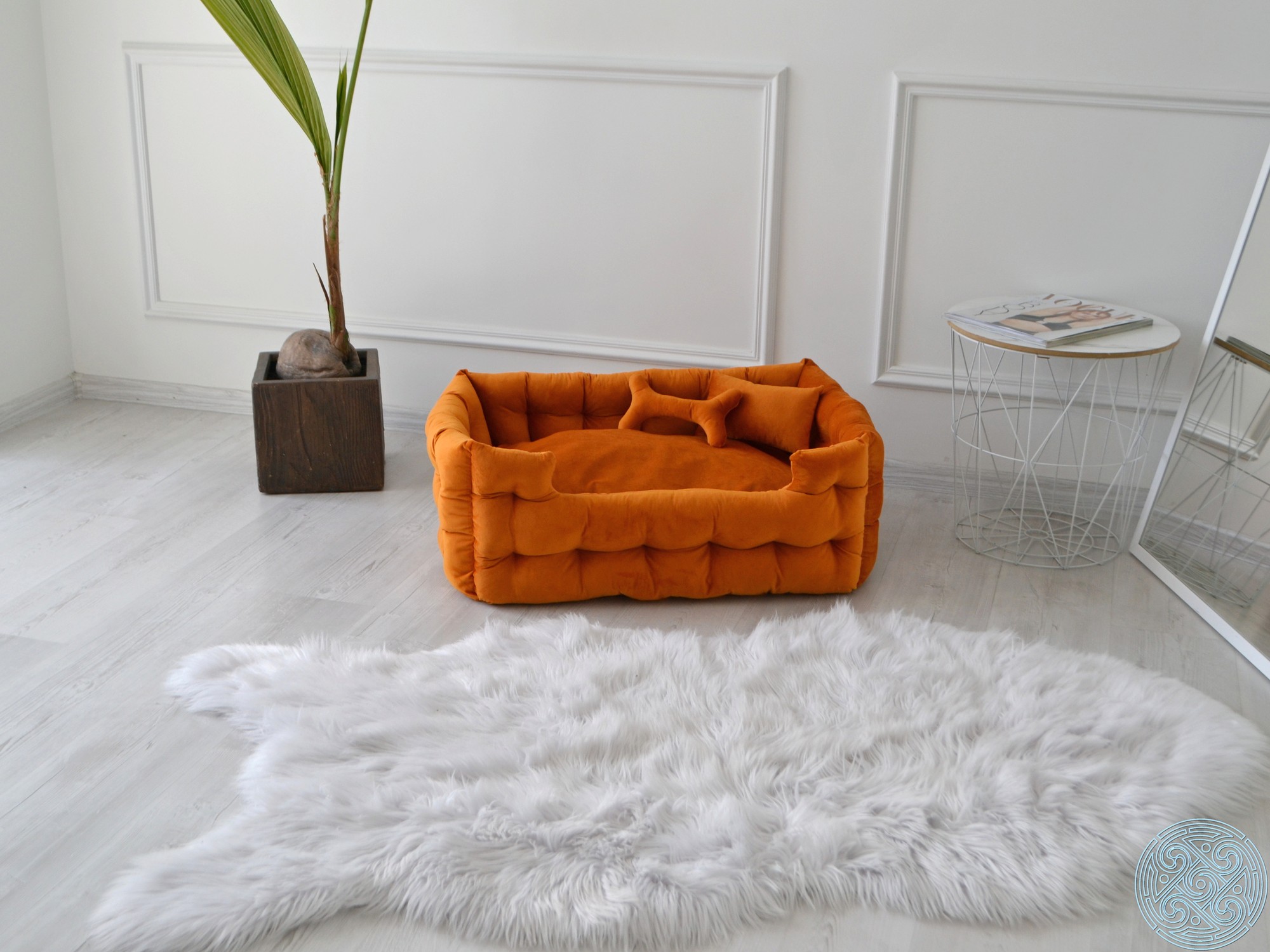 Handmade orange pet bed with name embroidery beds for big dogs - 27.5x19.6 in. (70x50 cm.)