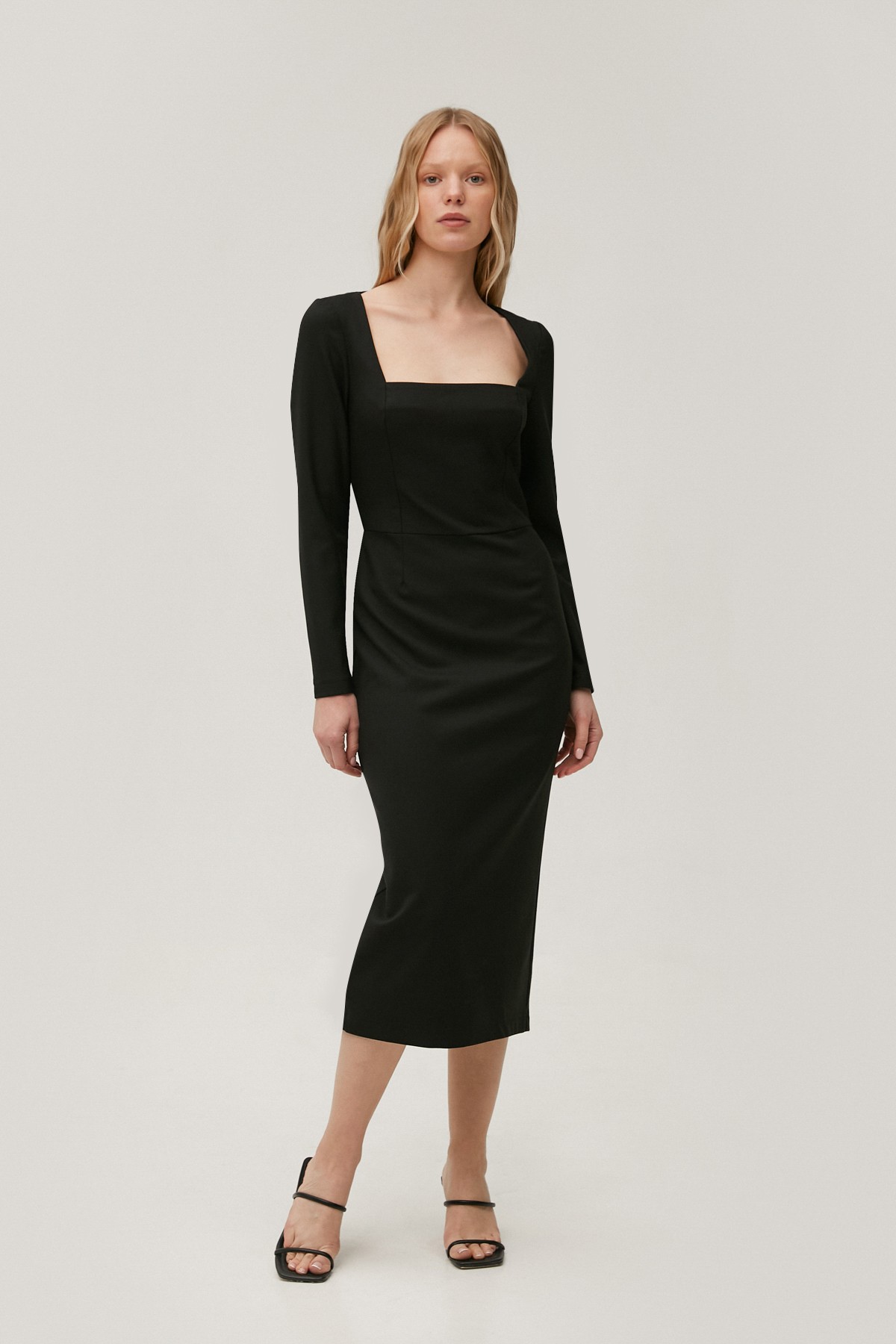 Black midi dress made of suiting fabric with wool
