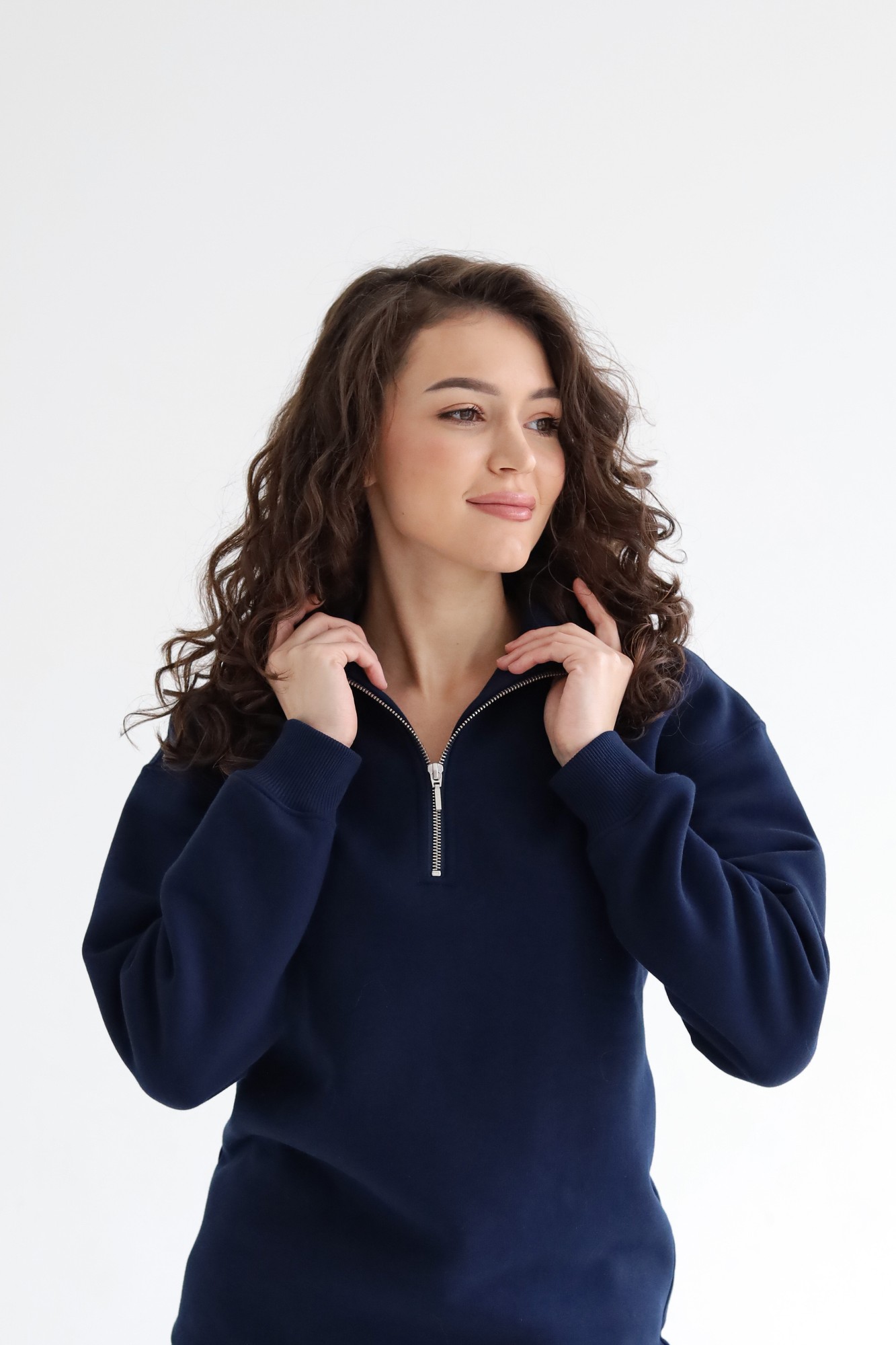 Cotton Sweater with fleece | Soft Pullover with collar | Dark-blue color | Ukraine