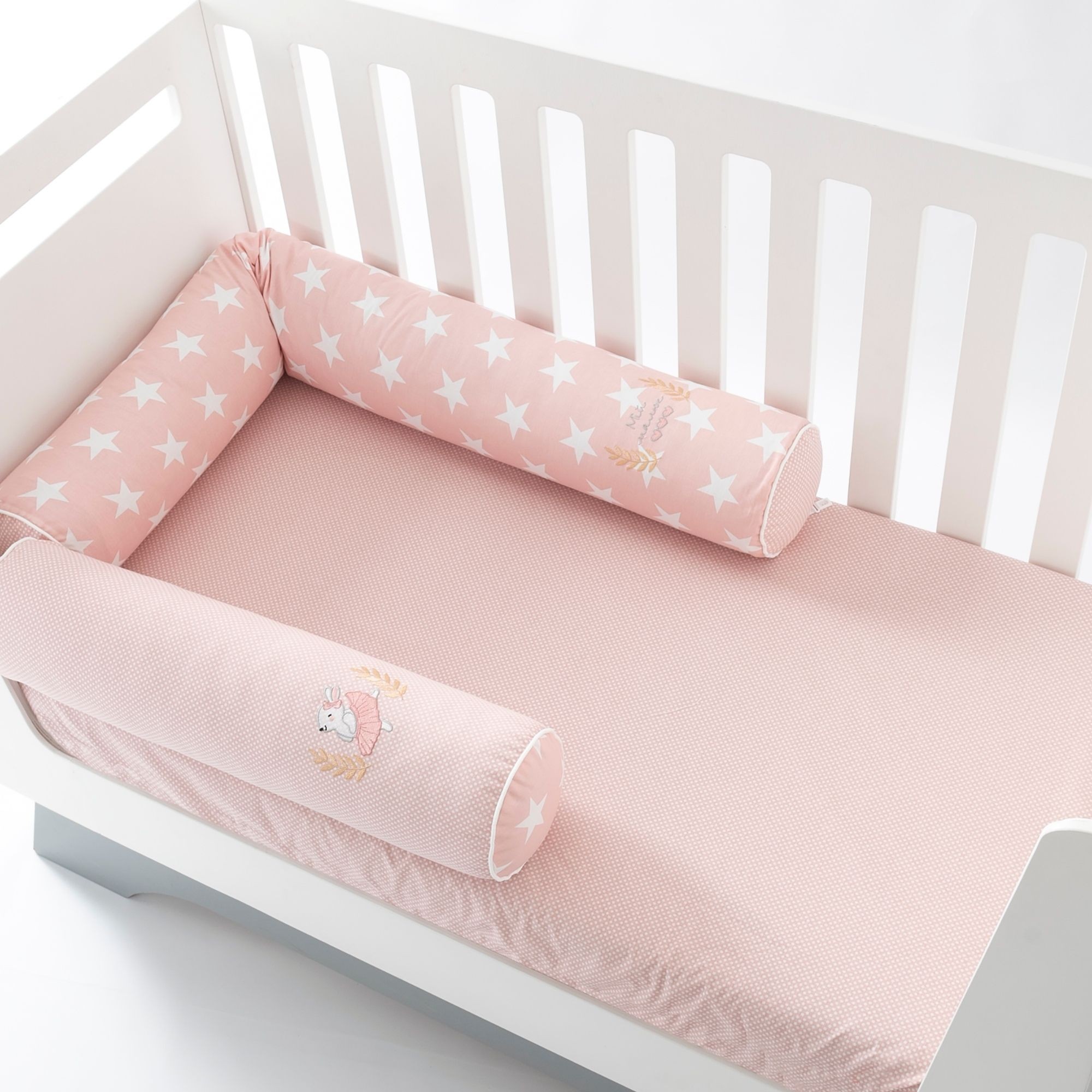 Baby Cotton Bed Protection Multifunctional, Crib Bumper set, Nursing Pillow TM PAPAELLA 60x15 cm, 120x15 cm star/pea powder