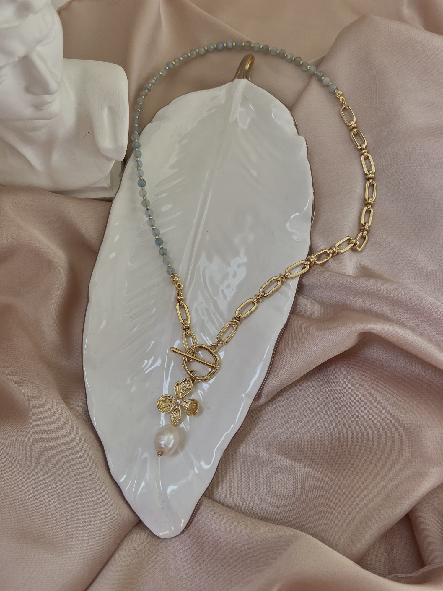 Aquamarine gold 24k necklace with pearl