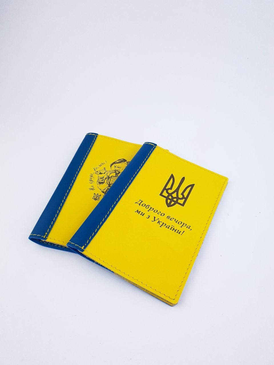 Yellow-blue leather passport cover with personal engraving