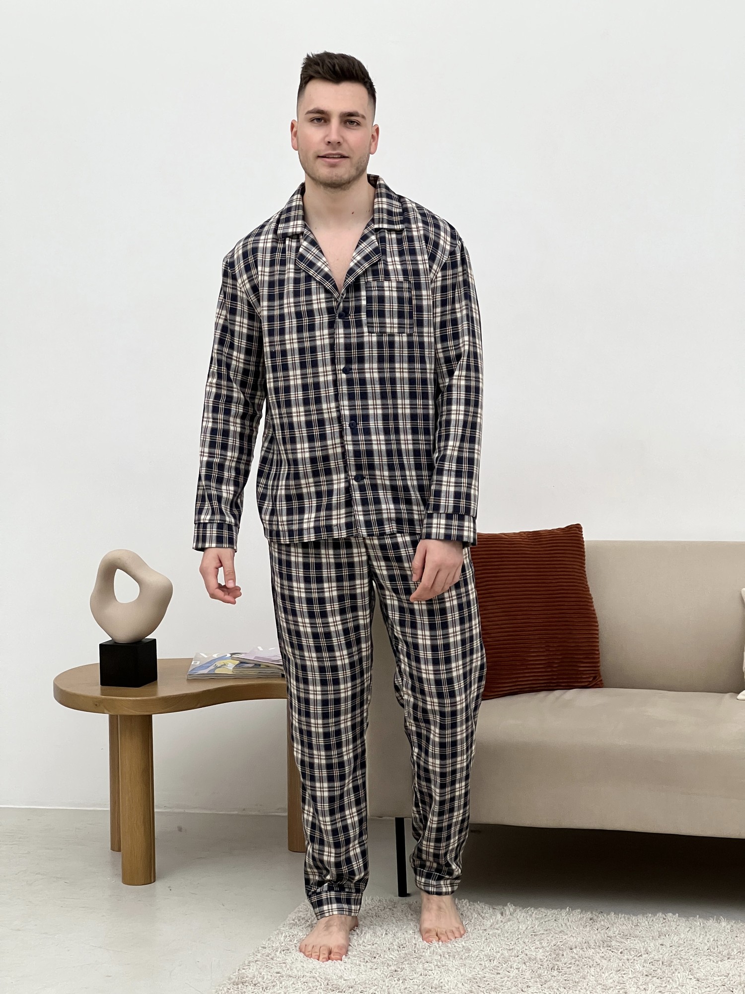 Men's Pajamas COZY Flannel Home Suit (Pants+Shirt) Check Dark Blue/Cream F651P