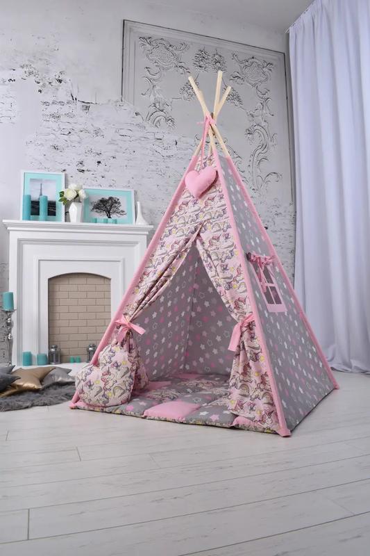 The wigwam wigwam "unicorns with stars" for a girl, a complete set, 110x110x180cm, gray-pink