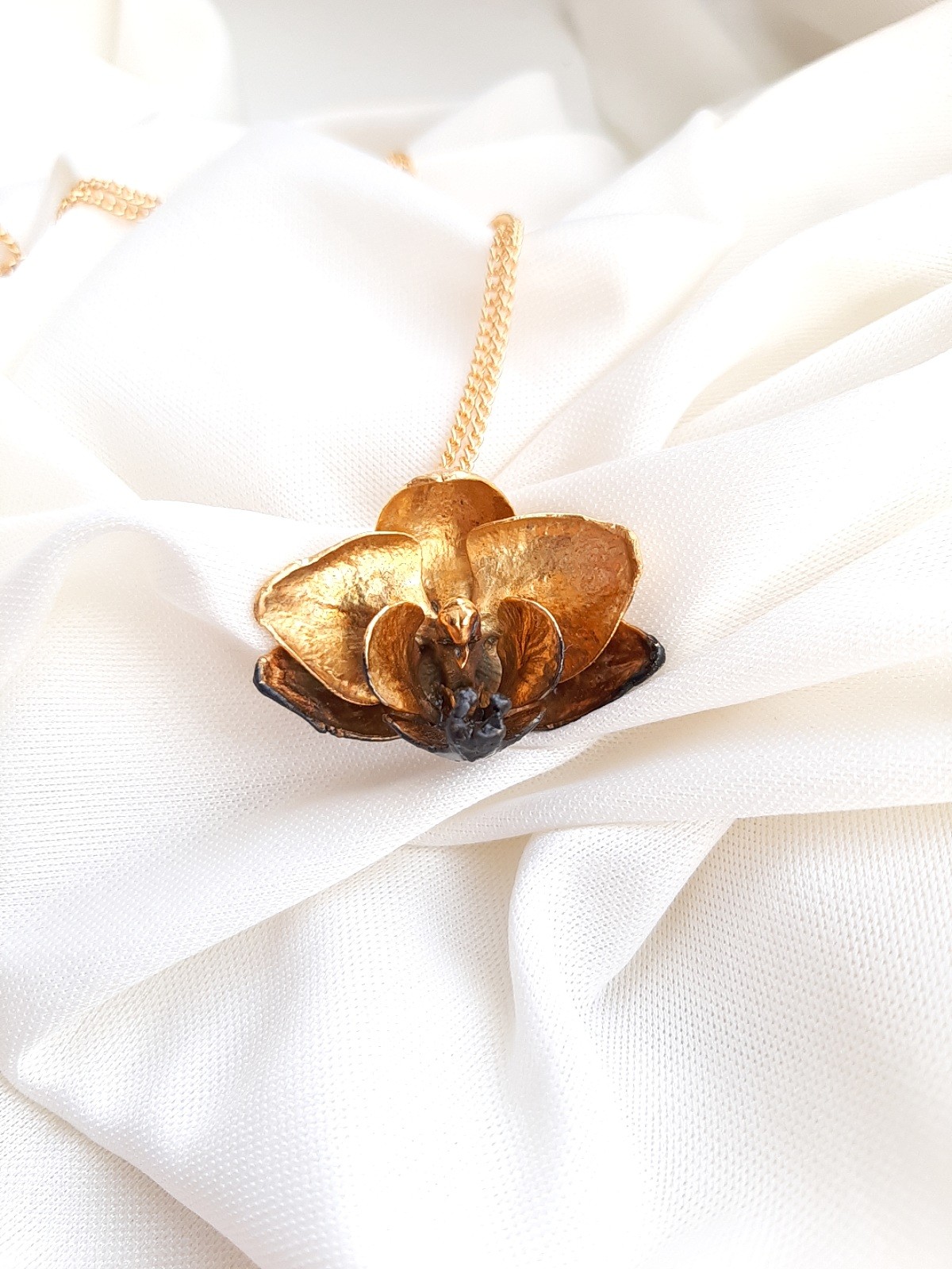 Natural Orchid flower Pendant electroformed copper with pure gold