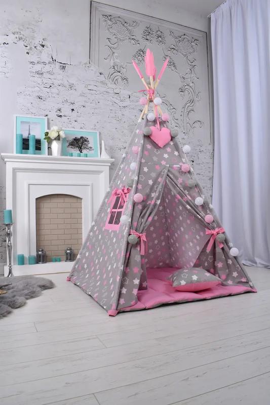 Wigwam baby "pink with stars", for a girl, full set, 110x110x180cm, gray-pink