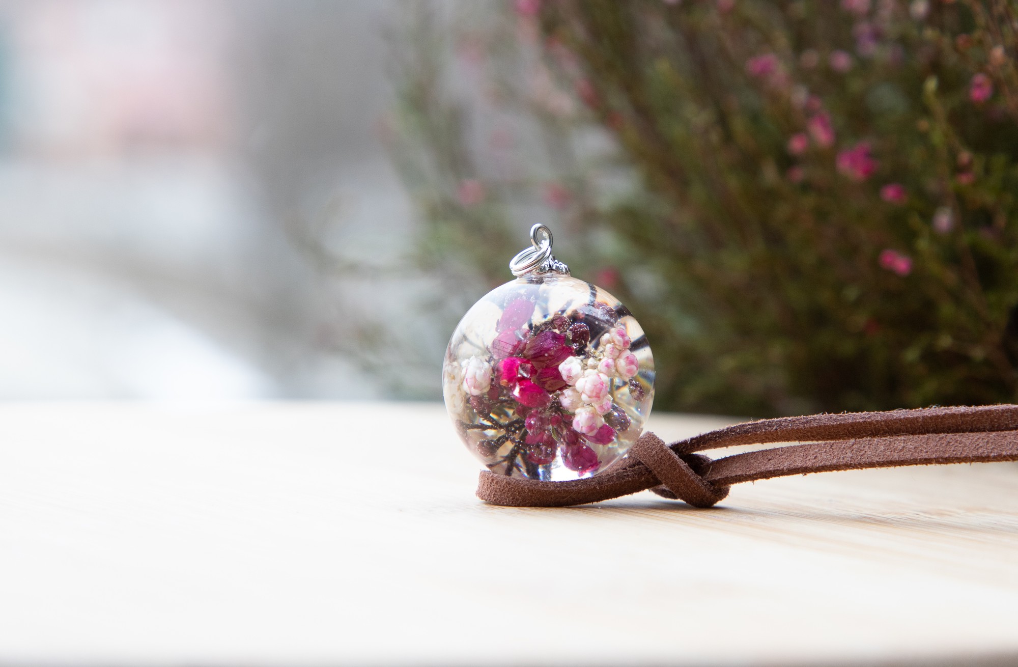 Resin flower necklace, real heather jewelry