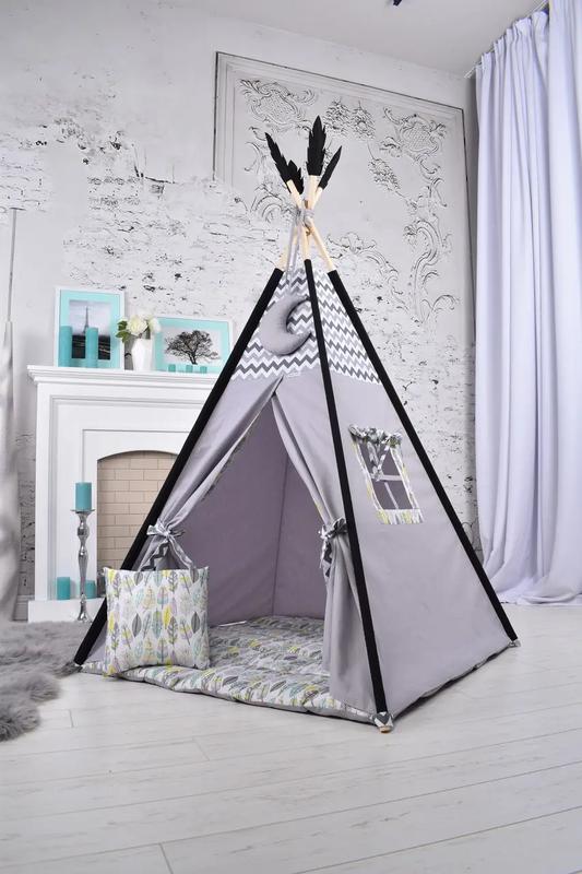 Wigwam baby with feathers mint pink, full kit, 110x110x180cm, gray, suspension month as a gift