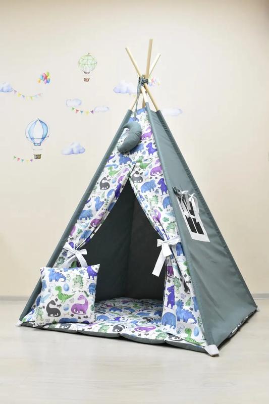 Wigwam baby with dinosaurs, full kit, 110x110x180cm, khaki, suspension month on top of the gift