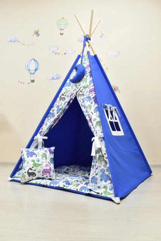 Wigwam baby with dinosaurs, for the boy full kit, 110x110x180cm, blue