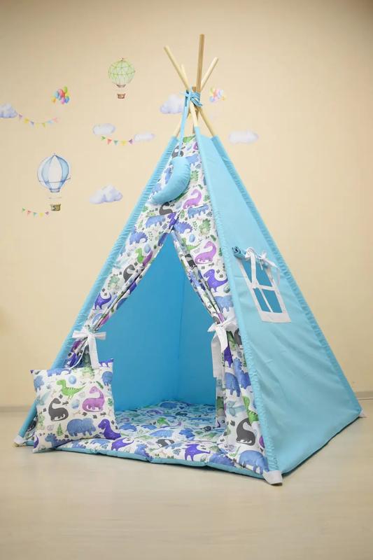 Wigwam baby with dinosaurs, full kit, 110x110x180cm, blue, suspension month on top of the gift