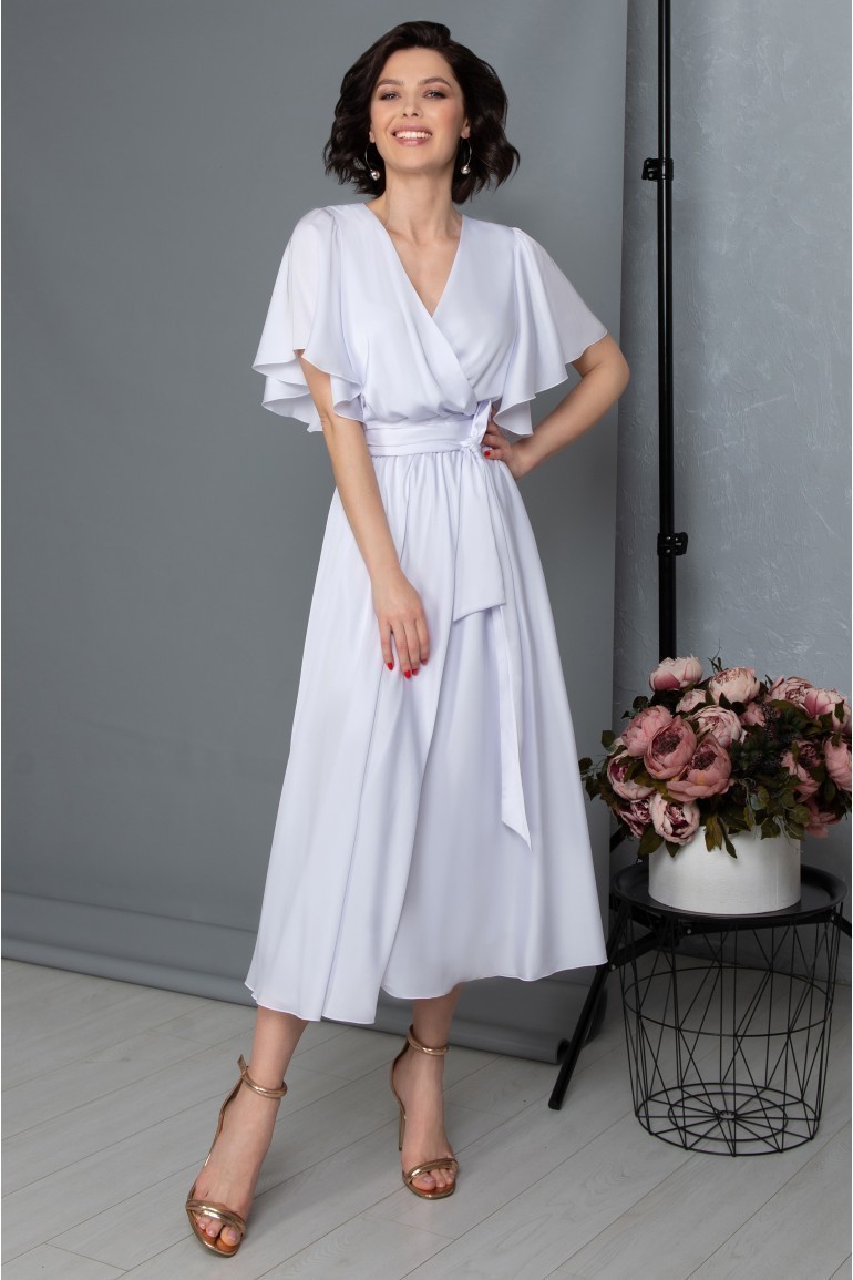 White silk evening dress with short sleeves / Beach midi wedding dresses for Bride