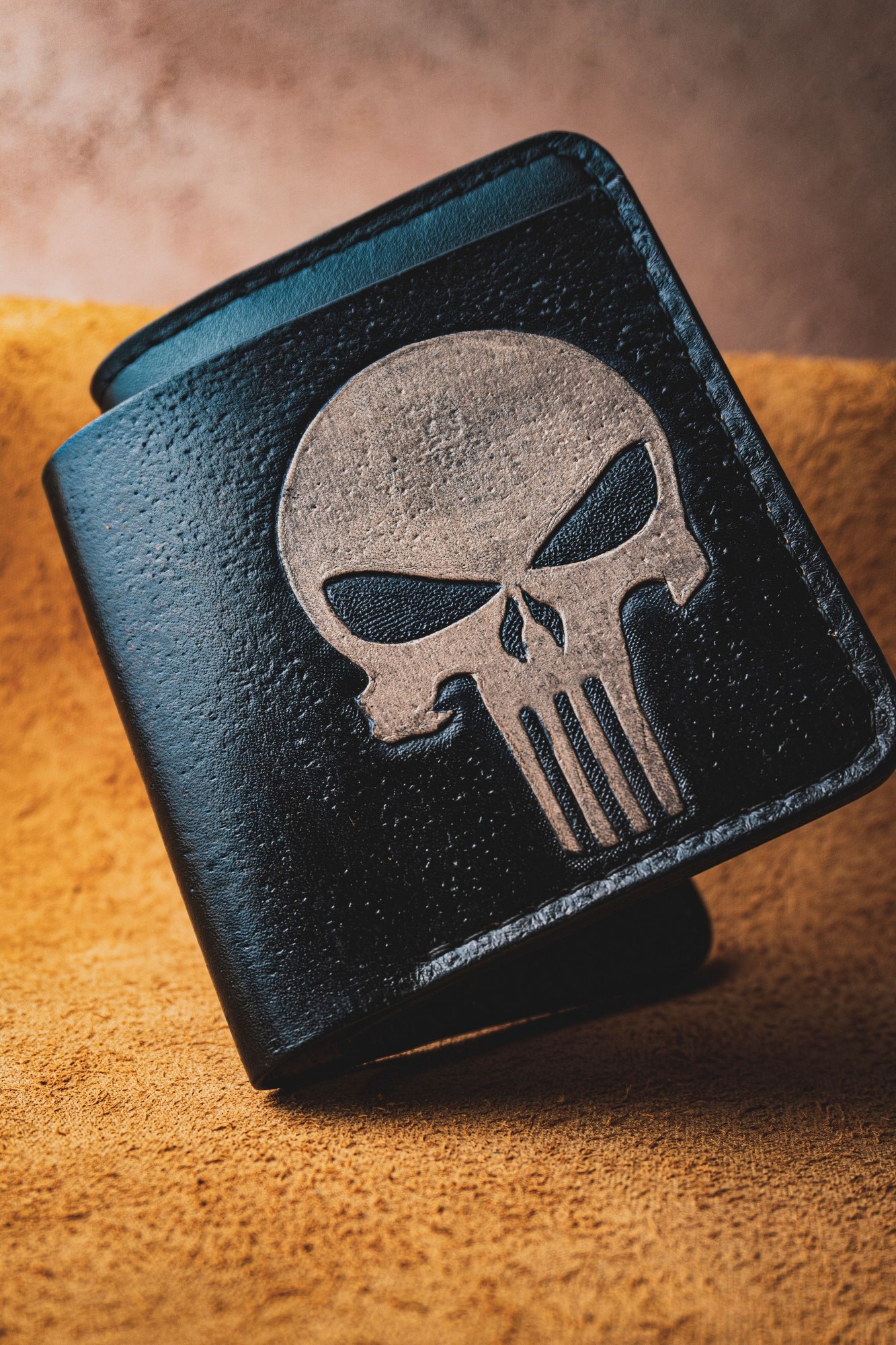 Handmade Punisher Black Leather Wallet,
