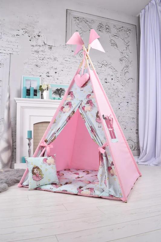 Wigwam children's princess, for a girl, full set, 110x110x180cm, pink-mint