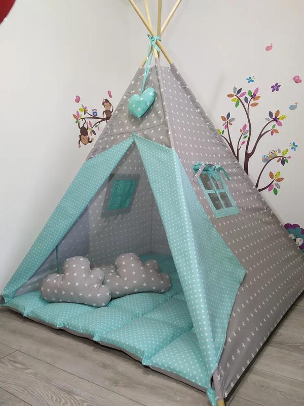 Great wigwam baby with stars, gray-mint, full kit, 150x150x200cm, suspension of the heart as a gift