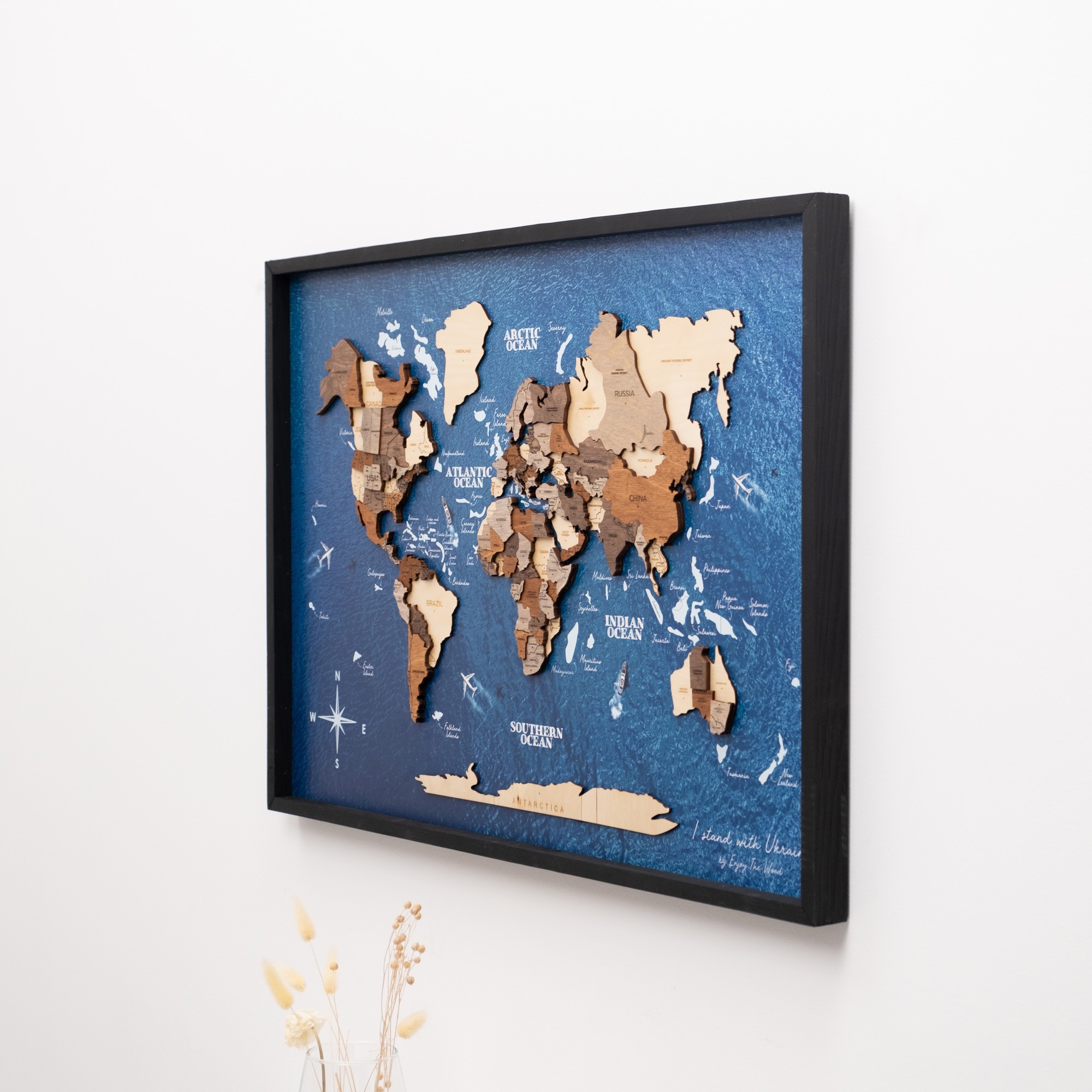 3D Wooden Panel World Map Multicolor