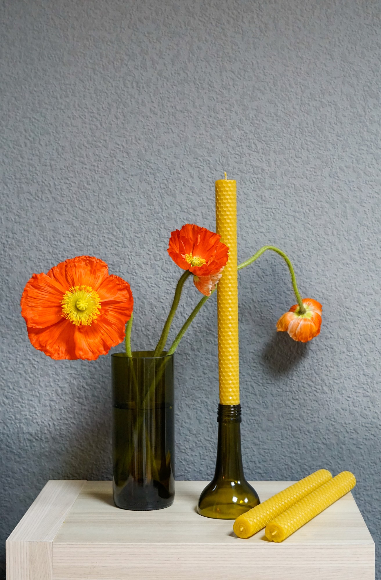 set of a vase, a candle holder and beeswax candles