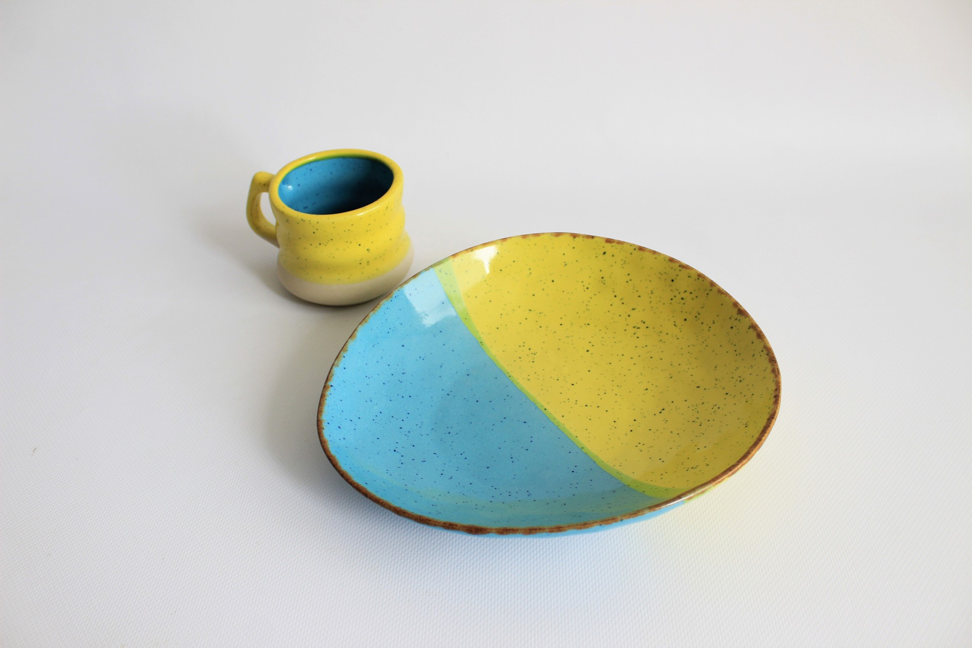 dinnerware sets ceramic, plate and bowl handmade, blue and yellow small salad bowl