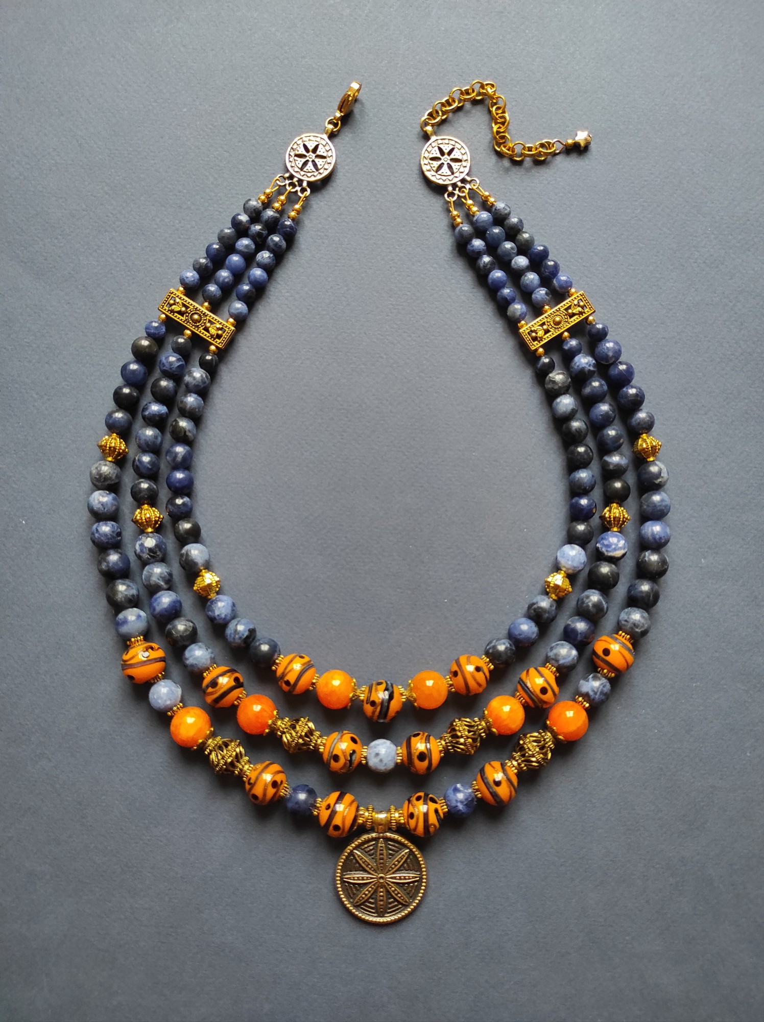 Necklace "Ukrainian sunset" from glass beads and sodalite