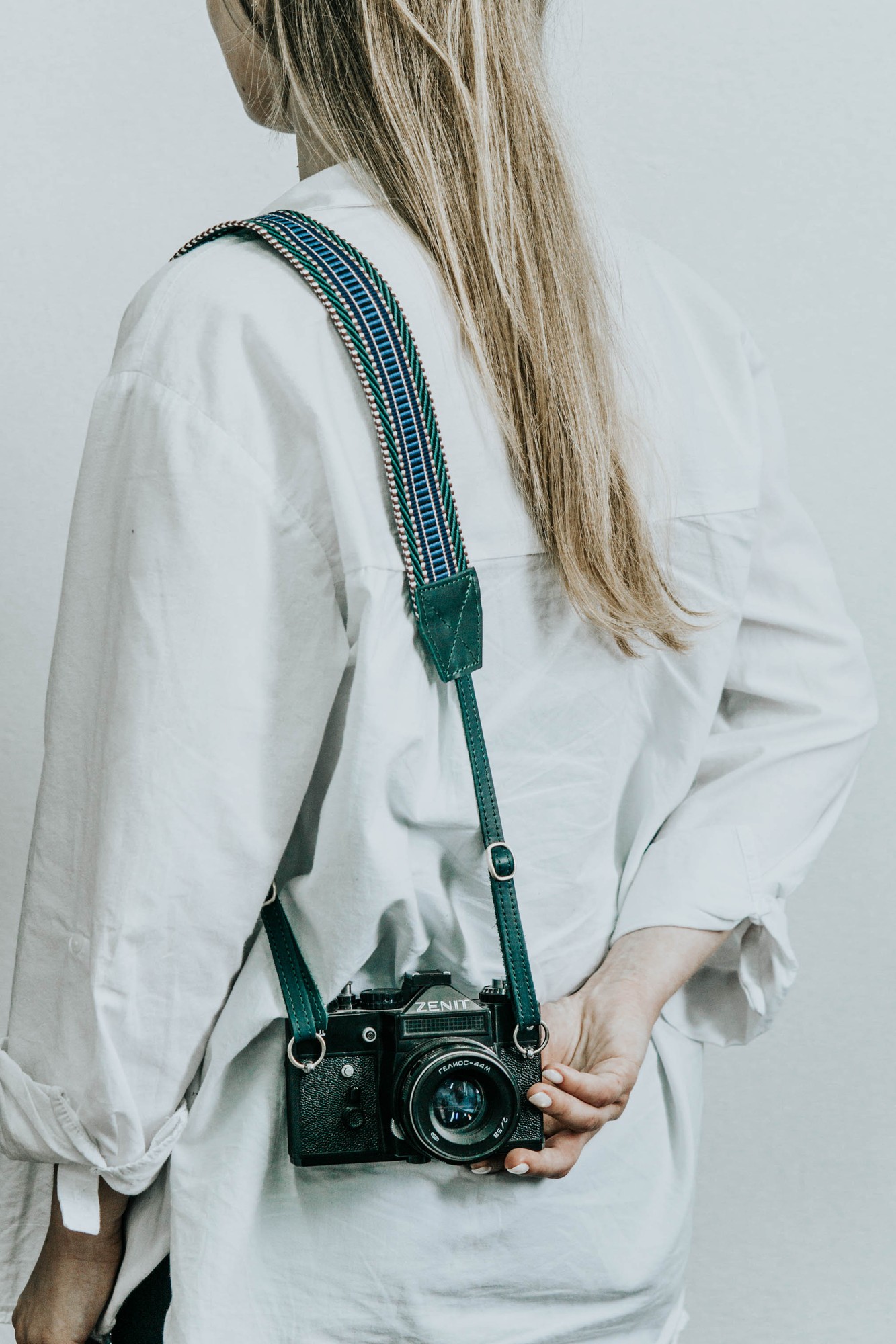 Strap for camera leather+cotton, green