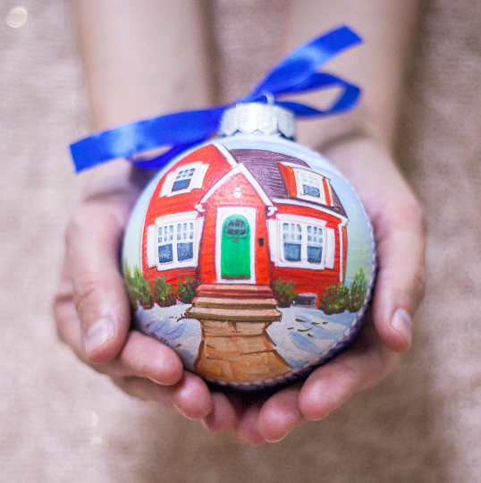 Custom house ornament, hand painted on blue glass bauble by photo, first house gift - 28300 from 