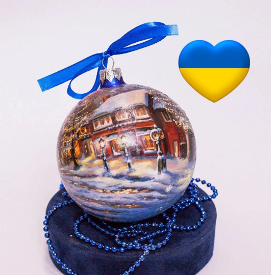 Custom house ornament, Hand Painted on Blue Glass Bauble by Photo, Memorabilia Gift