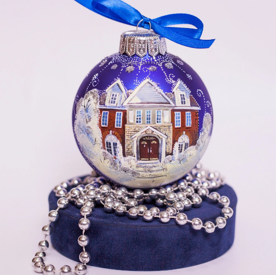 Custom house ornament, Hand Painted on Blue Glass Bauble by Photo, Gift for parents