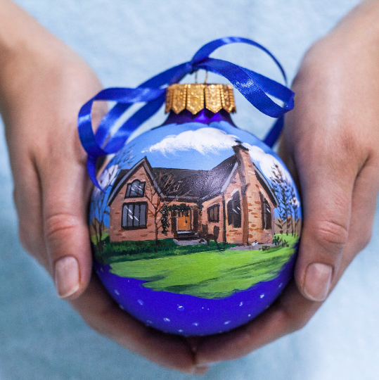 Custom house ornament, hand painted on blue glass bauble by photo, gift for best friend - 28315 