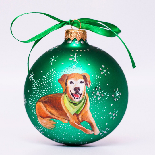Custom Pet Portrait From Photo, Hand painted on Green Bauble – Dog, Family Gift